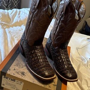 Reyme Dark Brown Crocodile Leather Men's Western Boots, Square Toe.